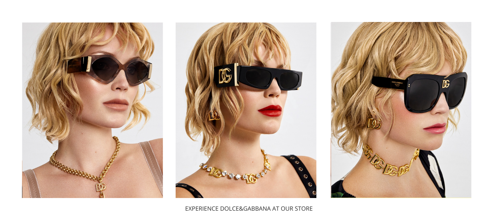 Three side-by-side photos of a blonde woman wearing chunky gold jewelry and black Dolce & Gabbana sunglasses, styled with wavy hair and a neutral or red lip, against a plain white background.