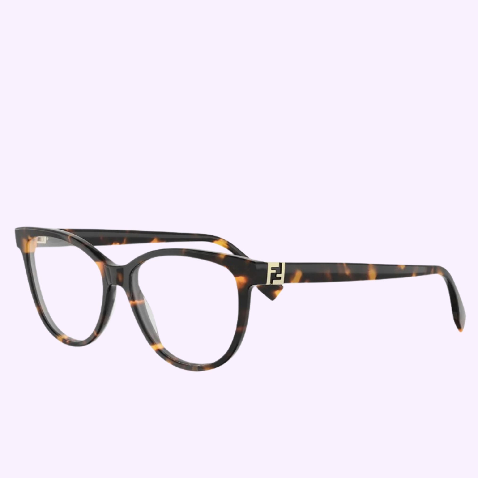 Fendi Optical Frames FE50145I 55056 WOMAN by Fendi Sunglasses, featuring a cat-eye tortoiseshell design with gold accents and a small gold logo by the hinges, shown against a light purple background.
