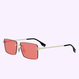 Fendi Sunglasses FE40165U 6032S feature rectangular thin gold metal frames, pink-tinted lenses, and black-tipped arms, showcased on a light purple background.