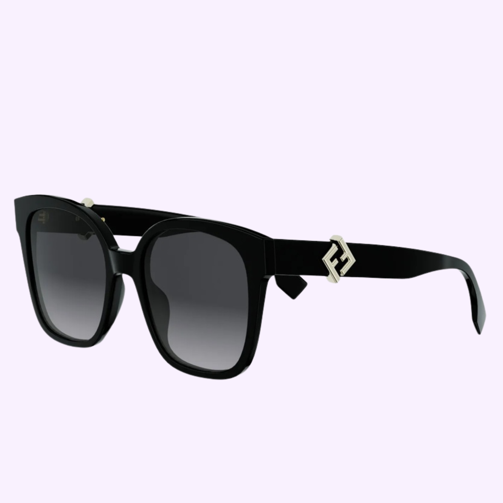 The Fendi Sunglasses FE40186I 5501B feature a black square frame, dark gradient lenses, metallic double F logo, and acetate butterfly-shaped temples, showcased on a light purple background.
