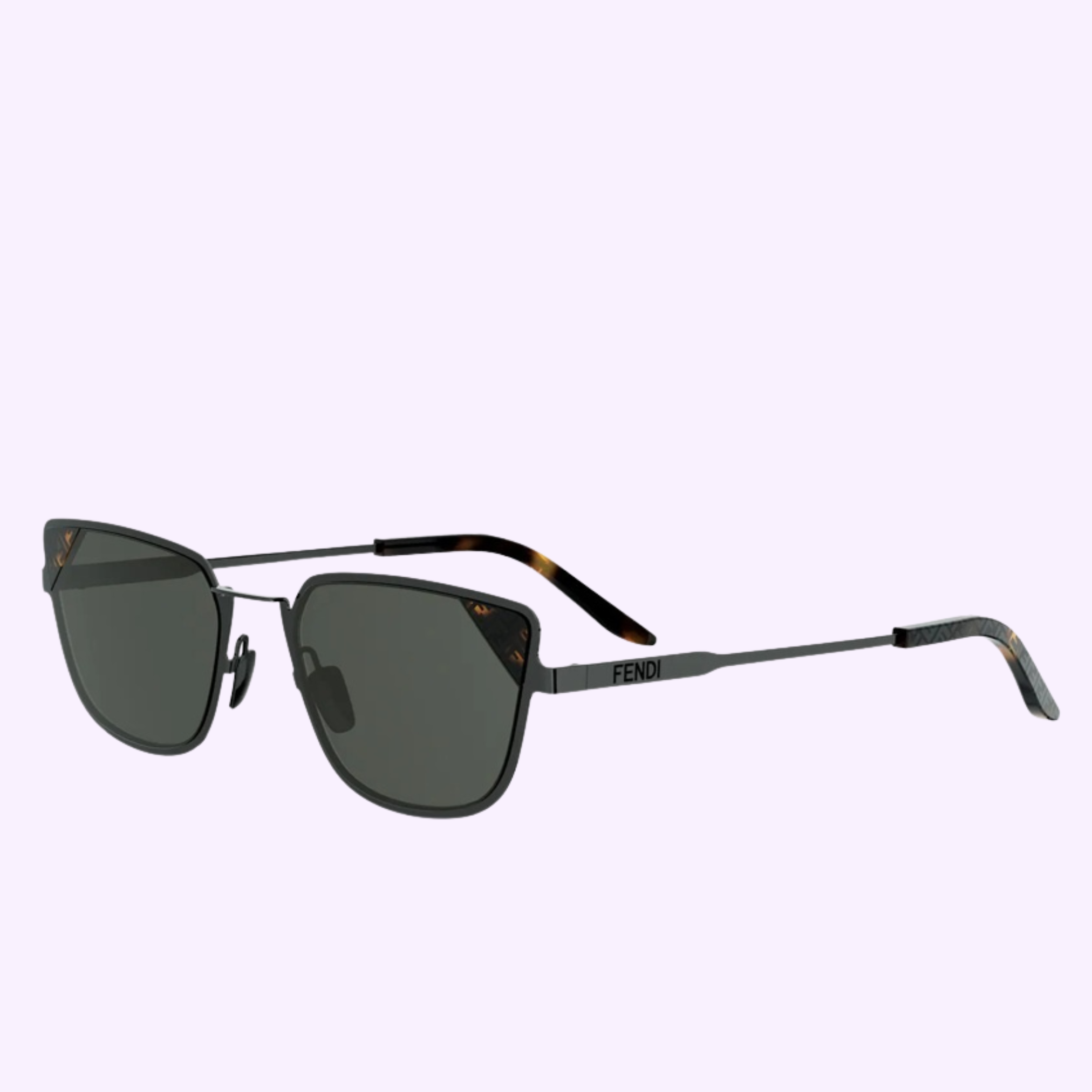 Fendi Sunglasses FE40188U 5412A WOMAN feature rectangular dark lenses, thin dark metal frames, FF havana tortoiseshell temples, and the Fendi brand name on the side.