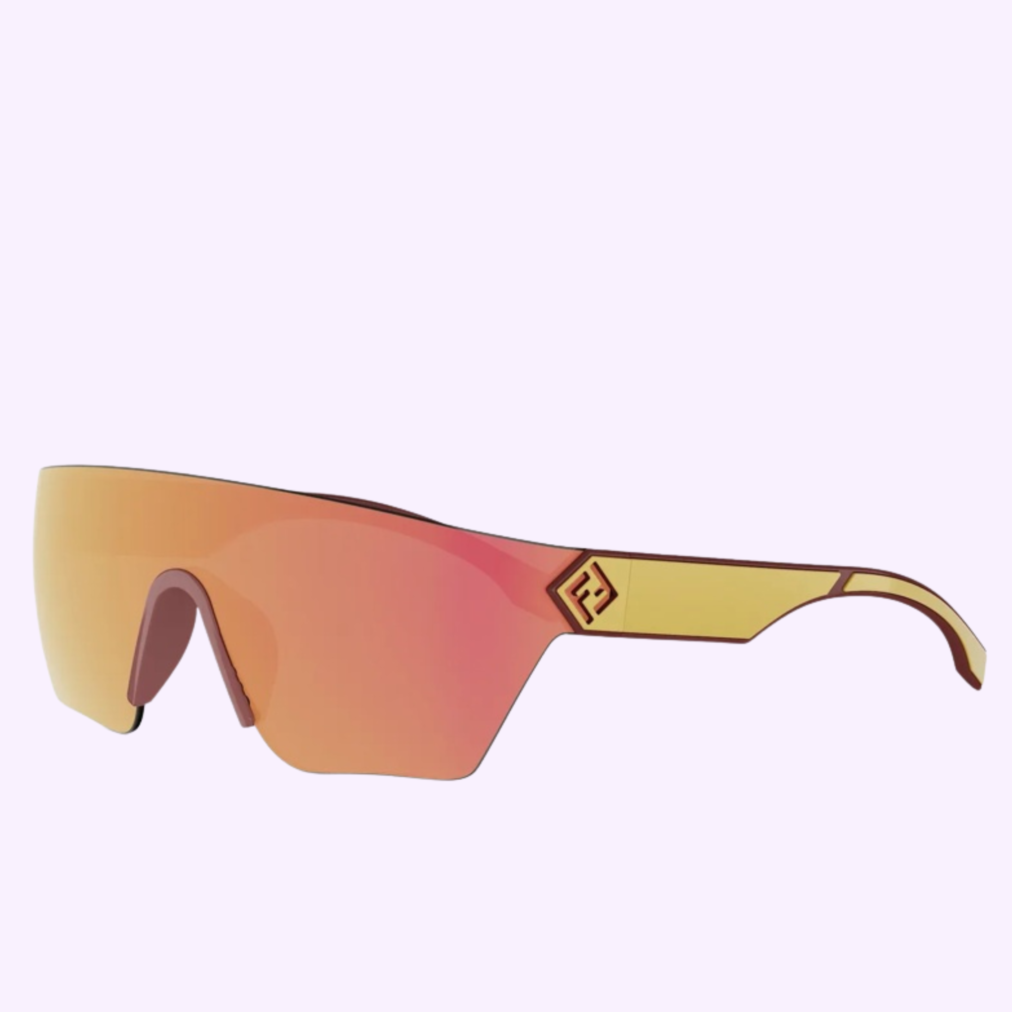 The Fendi Sunglasses FE40197U 0067U feature a frameless, rose-gold mirrored lens with gold arms and a geometric logo on the side, set against a light purple background.