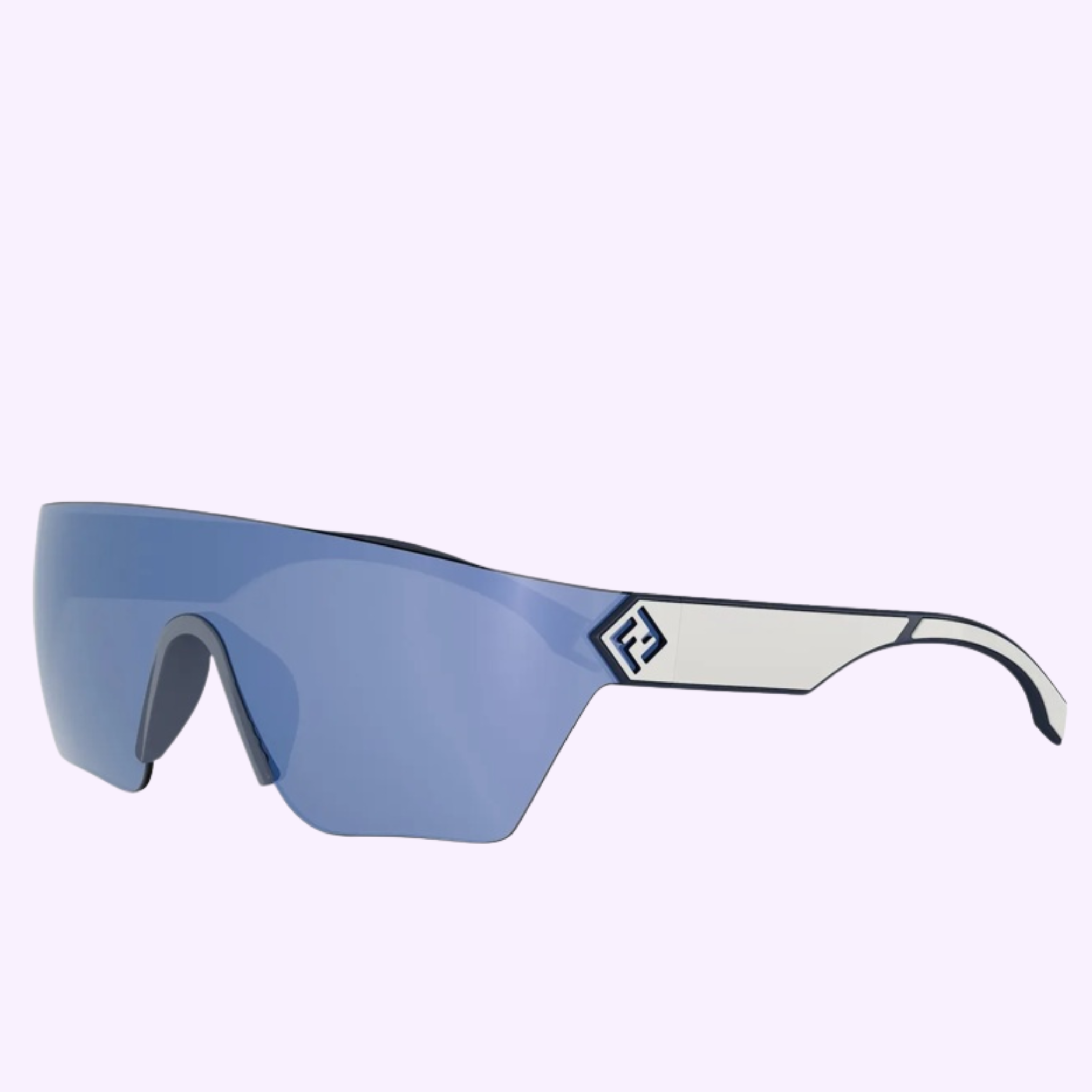 The Fendi Sunglasses FE40197U 0091X feature a sleek, futuristic single blue-tinted shield lens and white geometric arms with a square black logo, shown against a light purple background.