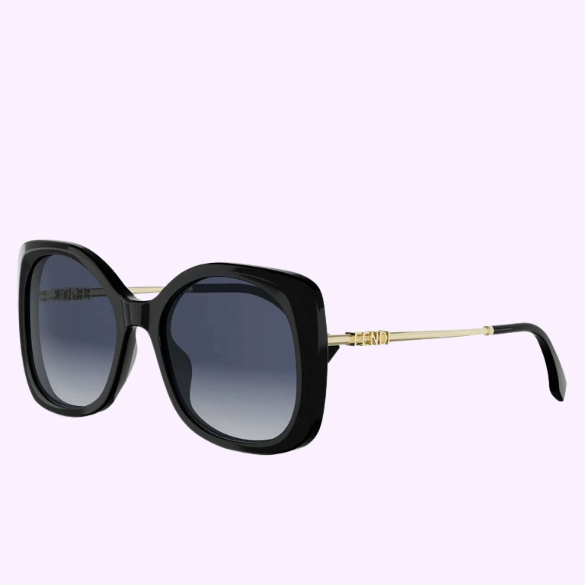 Fendi Sunglasses FE40201I 5501W WOMAN feature black oversized square frames, dark gradient lenses, gold temples with FENDI logo detail, shown against a light purple background.