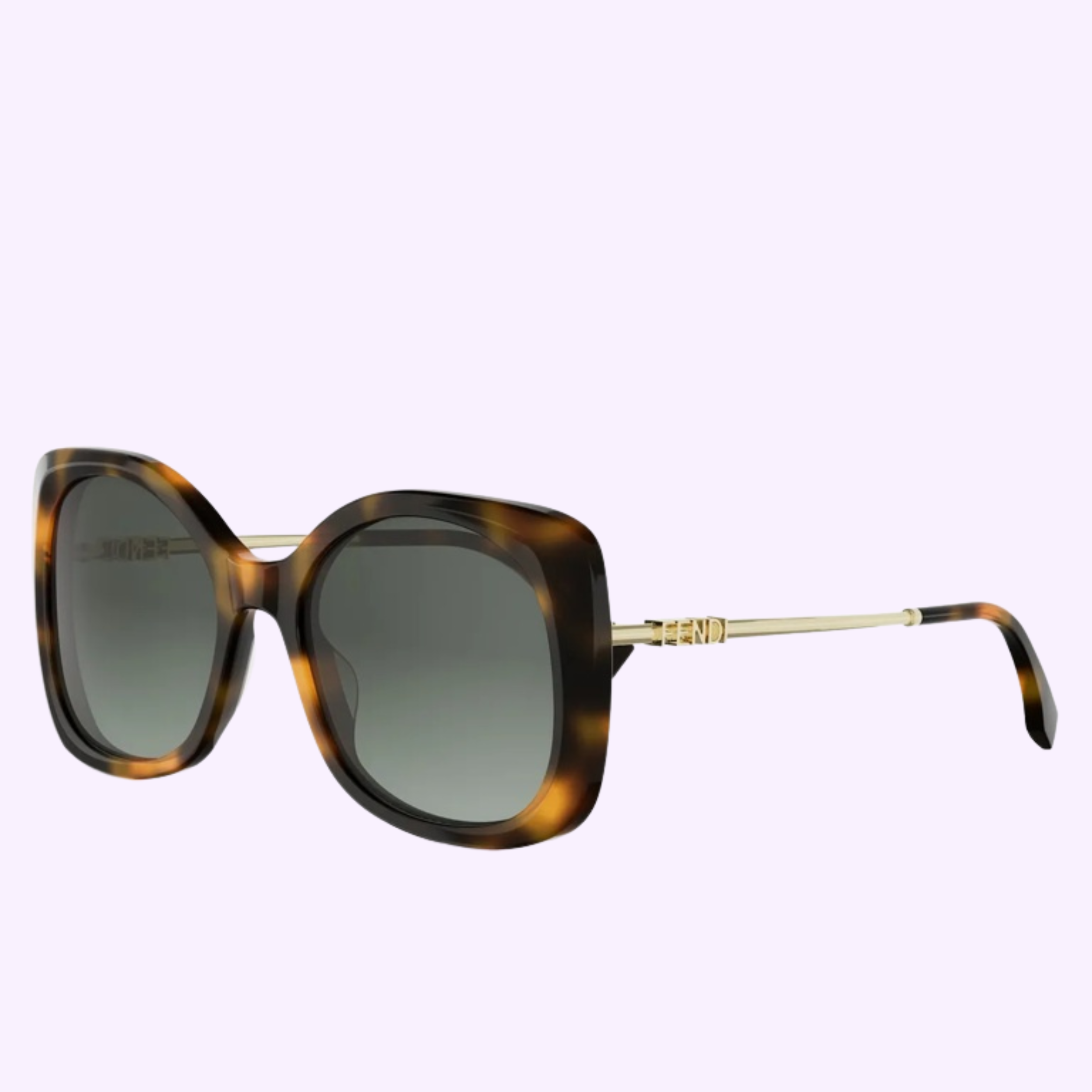 Fendi Sunglasses FE40201I 5553P WOMAN by Fendi Sunglasses feature large square tortoiseshell frames, dark lenses, and thin gold arms with 