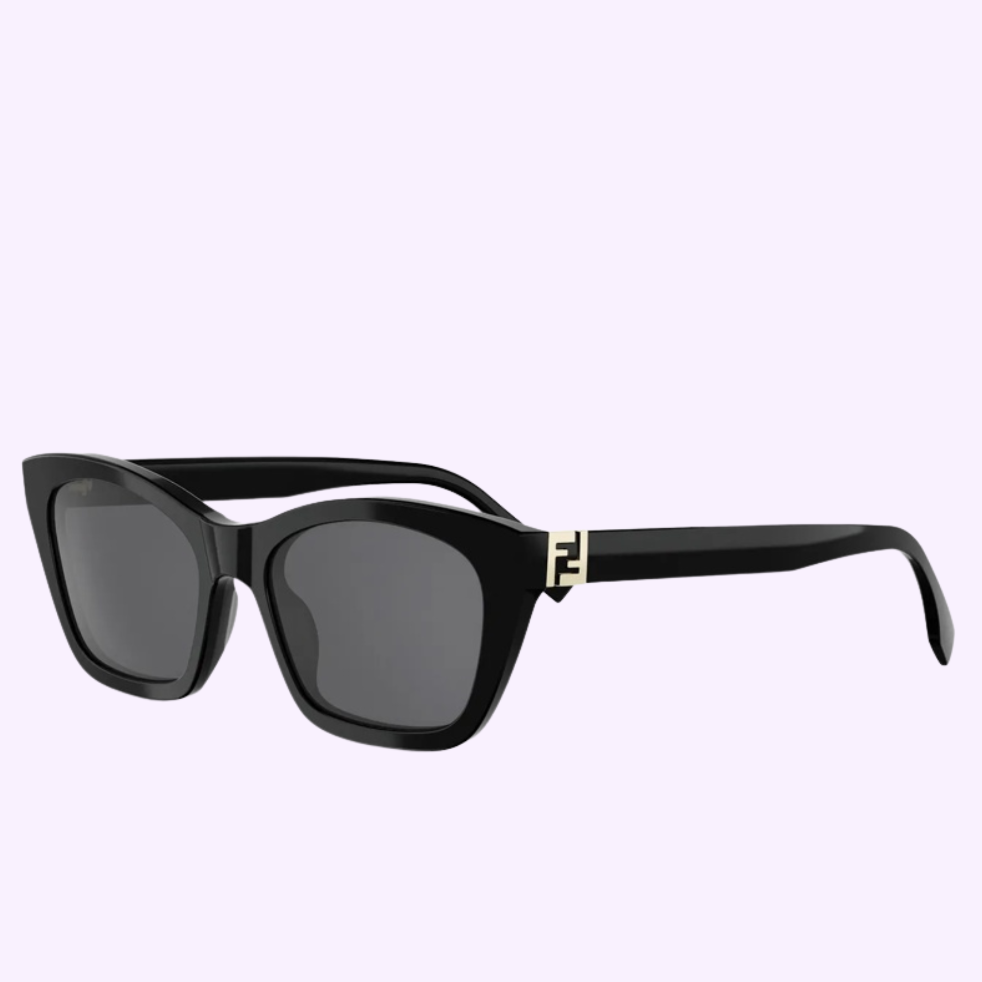 The Fendi Sunglasses FE40205I 5401A WOMAN features black square frames, dark lenses, and a gold accent on the arms near the hinges, shown against a light lavender background.