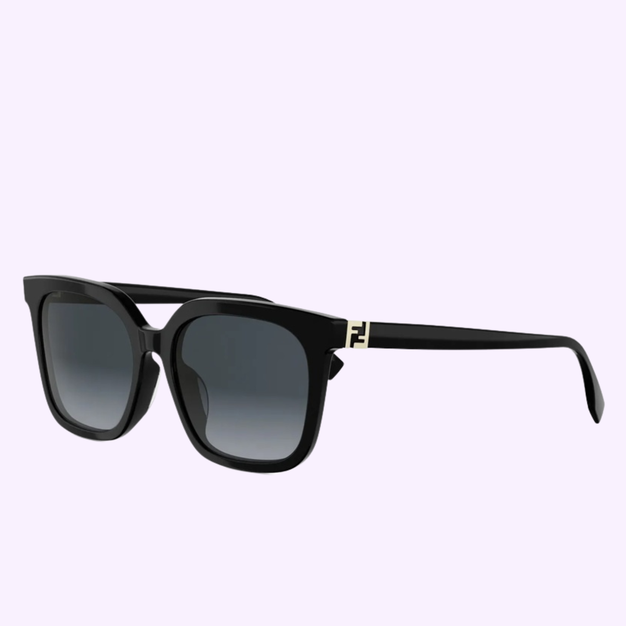 Fendi Sunglasses FE40207F 5601B WOMAN in black with dark lenses and a small gold FF logo on the temple, shown against a light lavender background.