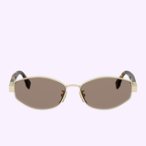 Fendi Sunglasses FE40216U 5630E by Fendi Sunglasses feature geometric oval-shaped gold metal frames with brown tinted lenses, displayed against a light purple background. The arms are detailed with a subtle pattern near the hinges, highlighted by the signature Baguette logo.