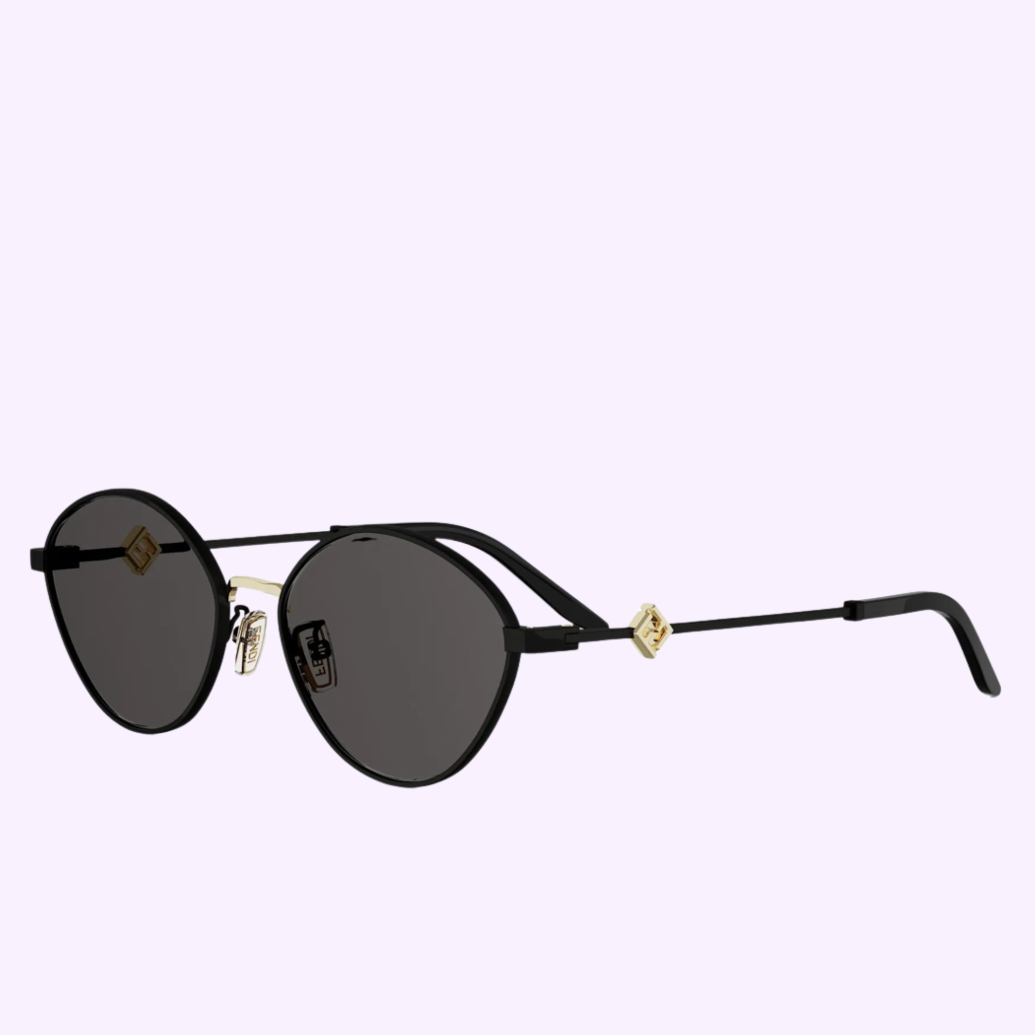 Fendi sunglasses FE40217U 5502A by Fendi Sunglasses feature black round frames, dark lenses, gold temple accents, and slim black arms, displayed against a light purple background.