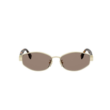 The Fendi Sunglasses FE40216U 5630E feature a gold geometric oval frame with brown lenses and gently curved arms, highlighted by the signature Baguette logo. Displayed against a white background, these Fendi Sunglasses (UPC: 192337319990) combine iconic style and elegance.