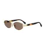 Fendi Sunglasses FE40216U 5630E (UPC: 192337319990) feature gold rims, geometric oval brown lenses, and tortoiseshell-patterned arms adorned with the signature Baguette logo. The Fendi Sunglasses are shown at an angle on a white background.