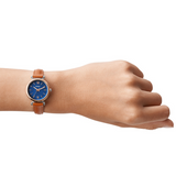 Fossil ES4701 CARLIE Stainless Steel Brown Leather Silver Blue Face Watch