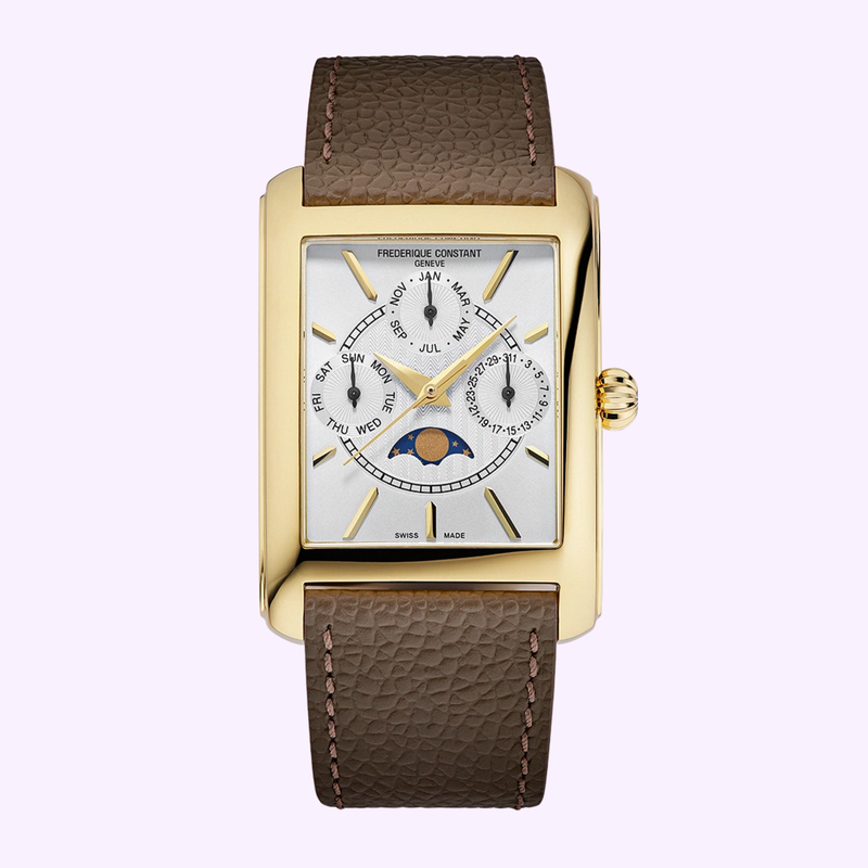 Frederique Constant FC-265S4C5 Classics Carrée Moonphase gold rectangular watch with silver dial and brown leather strap