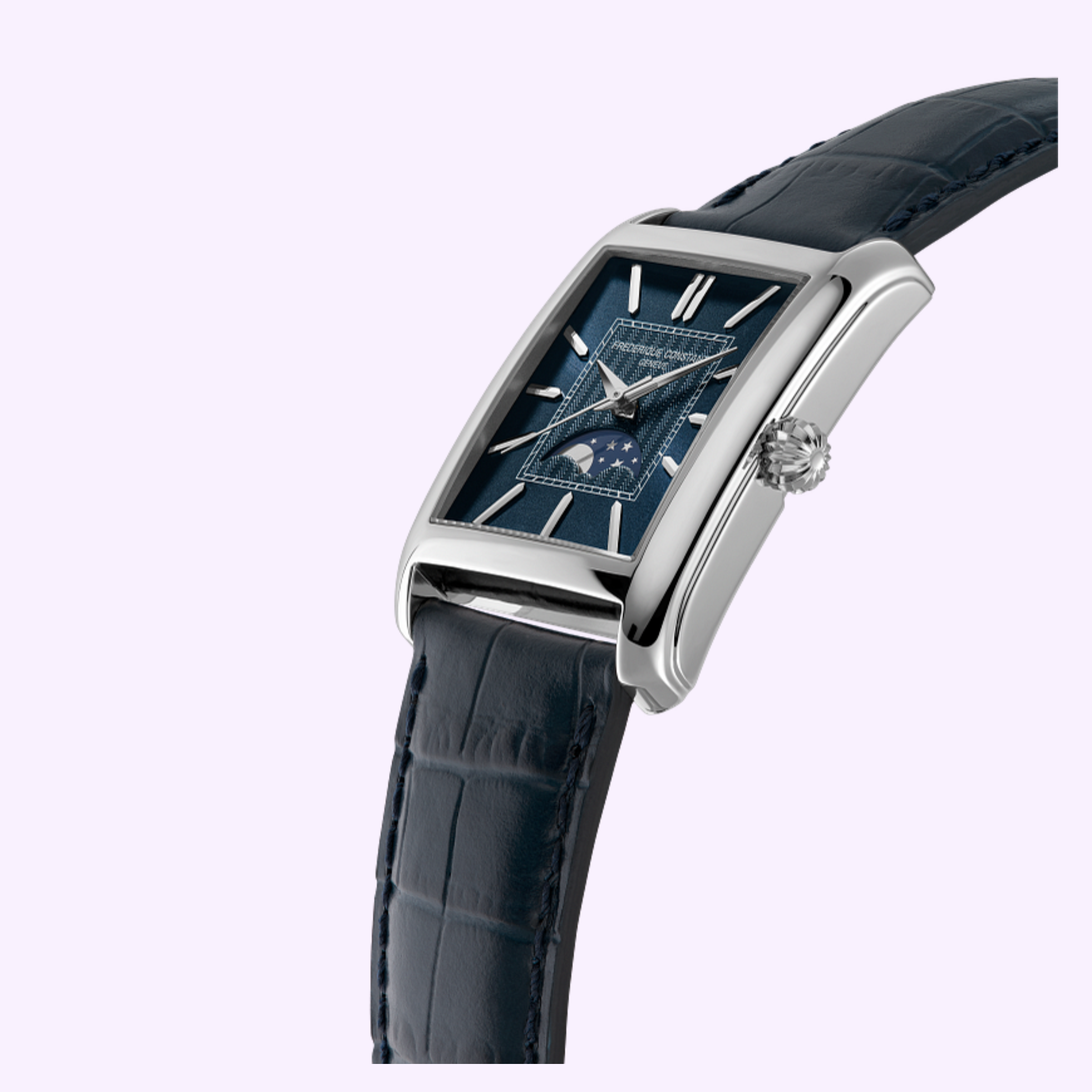 The Frederique Constant Watches Carrée Moonphase Automatic FC-333N4C6 is a rectangular silver unisex luxury watch with a blue textured dial, silver hour markers, moon phase display, and a dark blue crocodile-pattern leather strap.