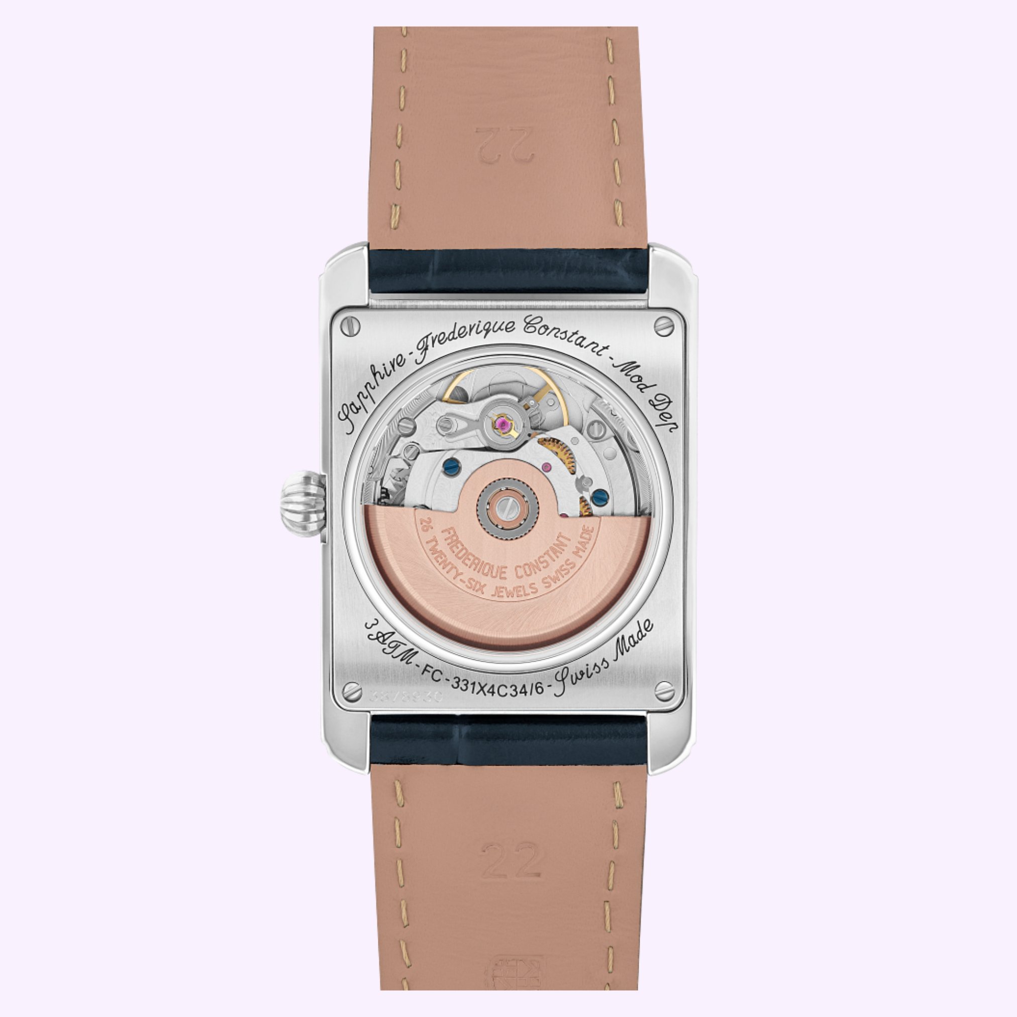 Close-up of the Frederique Constant Carrée Moonphase Automatic FC-333N4C6, a unisex luxury watch with a brown leather strap, showing its detailed inner mechanical movement through the transparent case back.