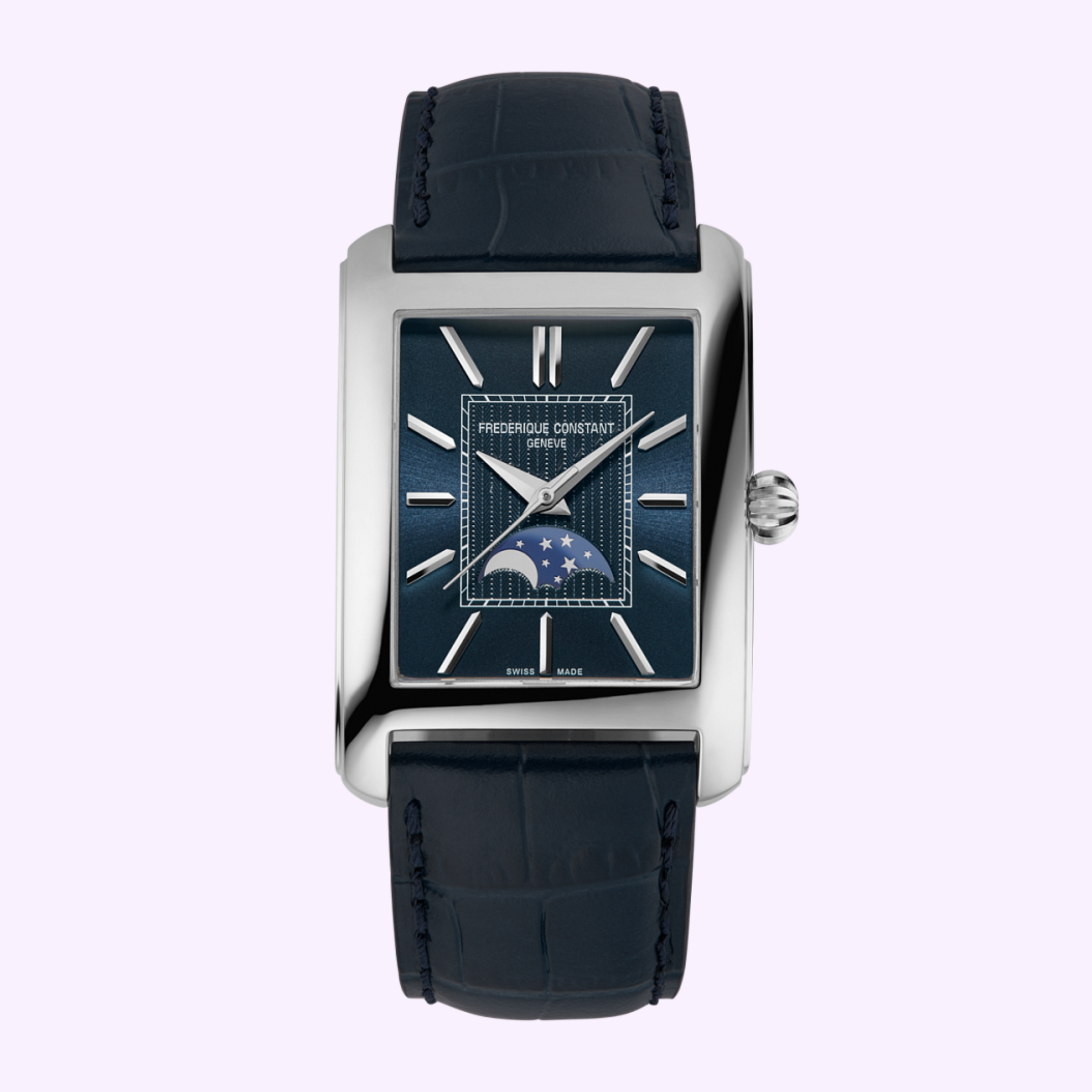 The Frederique Constant Carrée Moonphase Automatic FC-333N4C6 is a unisex rectangular watch with a blue dial, silver markers, moon phase at 6 o’clock, and a dark blue leather strap.