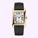 The Frederique Constant Watches Carrée Small Seconds FC-235S2C5 features a rectangular gold case, black leather strap, white dial with black Roman numerals, small subdial at 6 o’clock, and the Frederique Constant brand on the face—a true Ladies Classic.