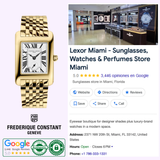 A Frederique Constant Carree Small Seconds FC-235S2C5B ladies gold-tone rectangular watch with a white face is displayed next to a Google listing for Lexor Miami, a highly rated store offering sunglasses, Frederique Constant watches, and perfumes.