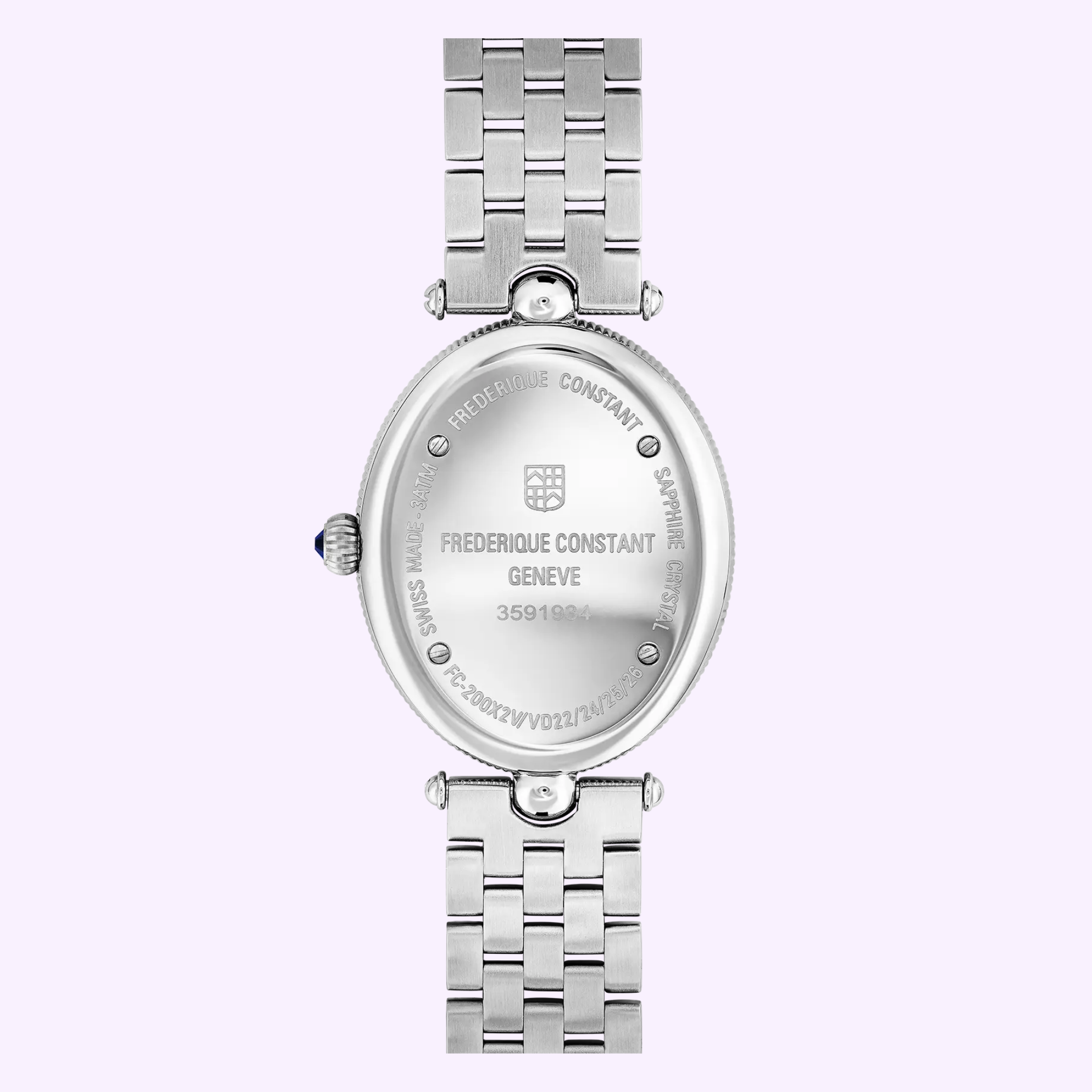 Back view of a Frederique Constant Classics Art Deco Oval FC-200MPW2V6B wristwatch in silver with a metal link band, featuring the brand name, logo, and specifications engraved on its oval case back.