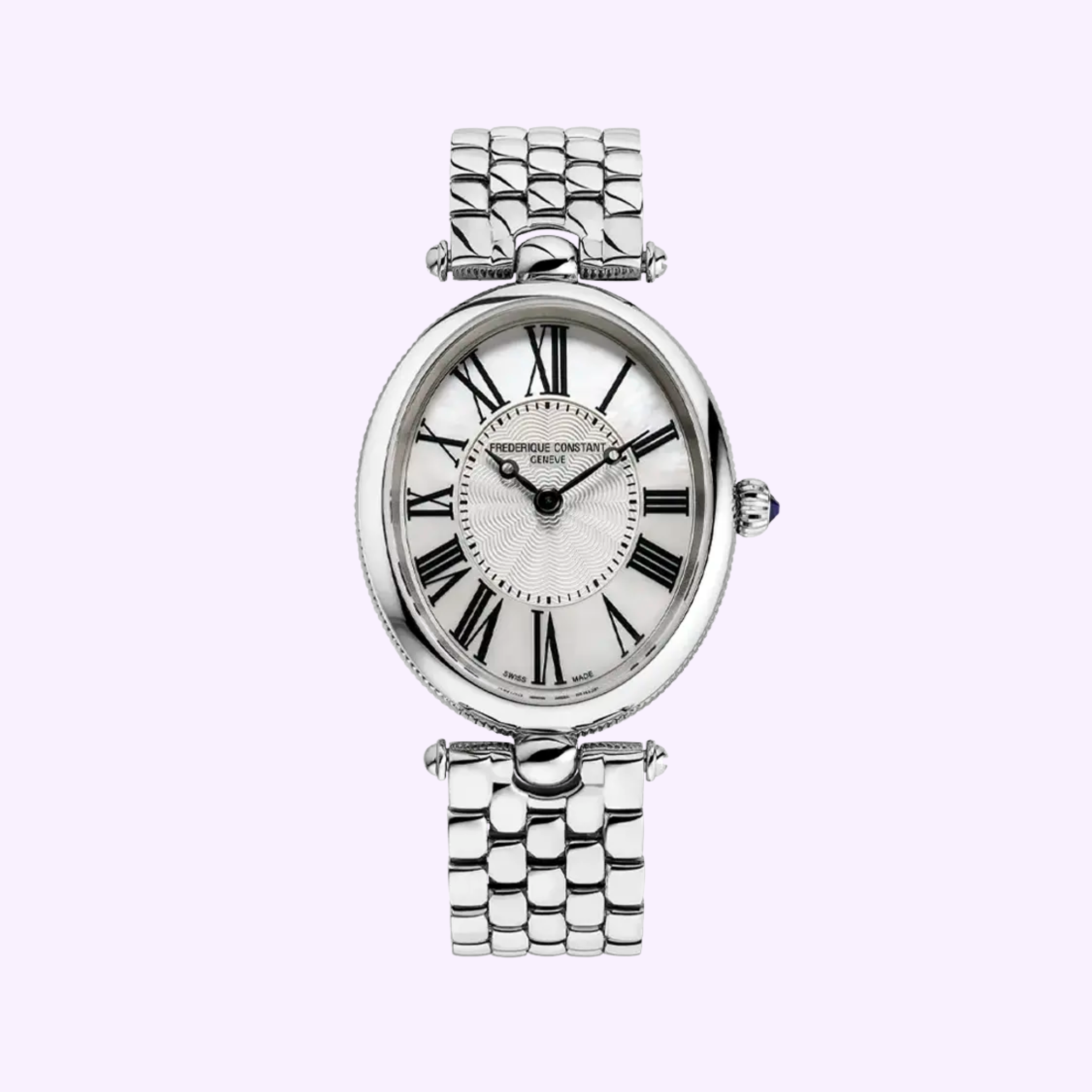 The Frederique Constant Classics Art Deco Oval FC-200MPW2V6B wristwatch, featuring a mother-of-pearl dial, black Roman numerals, and a linked metal band, is displayed against a pale purple background.