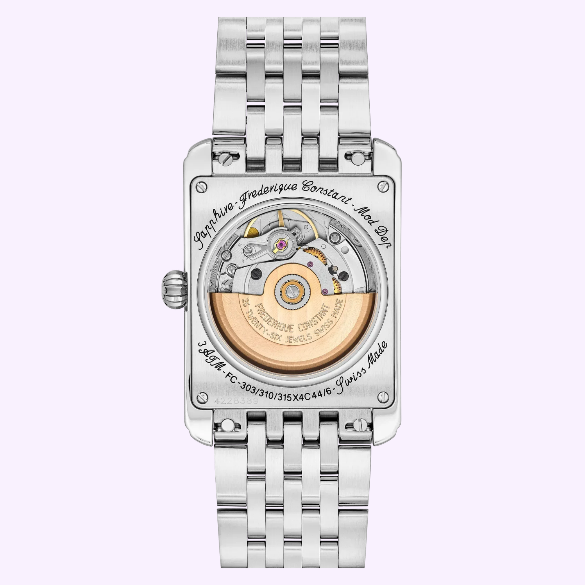 Rear view of the Frederique Constant Watches Classics Carrée Automatic FC-303RLB4C6B, a unisex luxury timepiece by Frederique Constant. The silver-toned rectangular case showcases a transparent exhibition back revealing the refined automatic movement and detailed engravings along the rim. Its polished metal link bracelet enhances the watch’s elegant appeal.