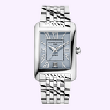 Crafted by Frederique Constant, the Classics Carrée Automatic FC-303RLB4C6B features a rectangular silver case, a metallic band, Roman numeral hour markers, a light blue dial, and a date window at 6 o’clock—making it the ideal unisex luxury timepiece for those who value timeless elegance.