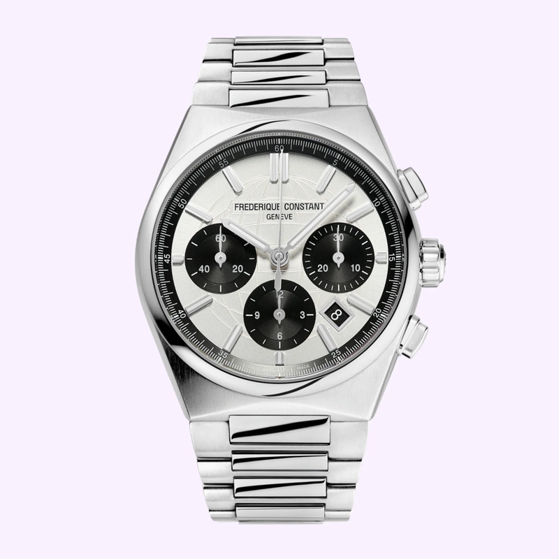 Frederique Constant Highlife Chronograph Automatic FC-391SB4NH6B with silver-tone metal bracelet, three black subdials, and date window