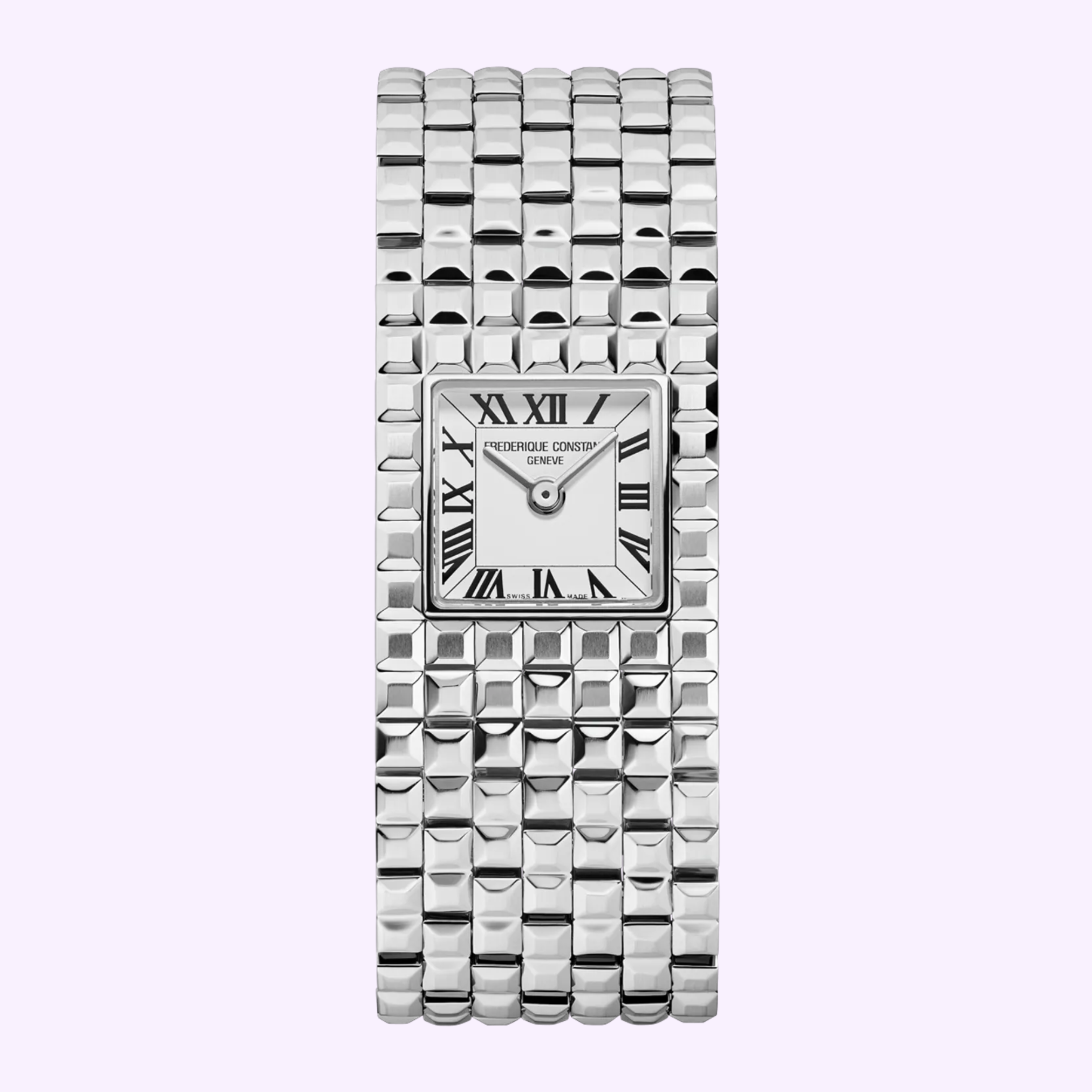 Frederique Constant Classics Manchette FC-200WR1MC6B, seven-link Clou de Paris stainless steel bracelet watch, square white dial