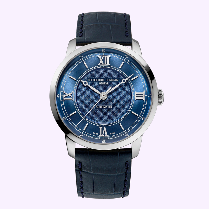 Frederique Constant Classics Premiere FC-301N3B6 front view with blue guilloche dial and blue leather strap