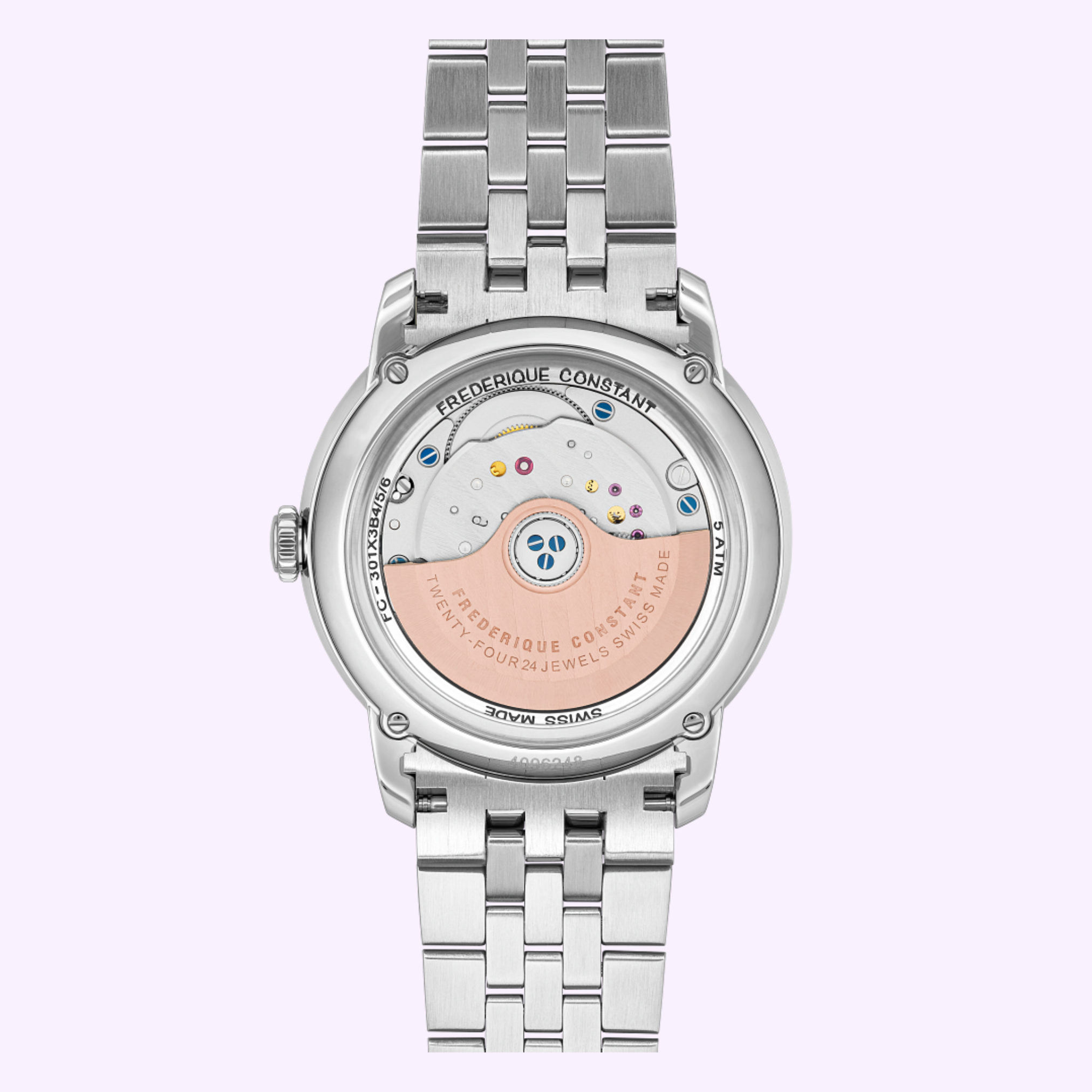 The image shows the back of a Frederique Constant Watches Classics Premiere FC-301SAL3B6B, displaying its automatic movement through a transparent case back, with visible gears and Frederique Constant branding engraved along the edge.