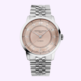 The Frederique Constant Classics Premiere FC-301SAL3B6B is a silver wristwatch with a linked metal band, rose gold dial, and silver hour markers, reflecting Geneva watchmaking in the famed Classics Premiere collection.