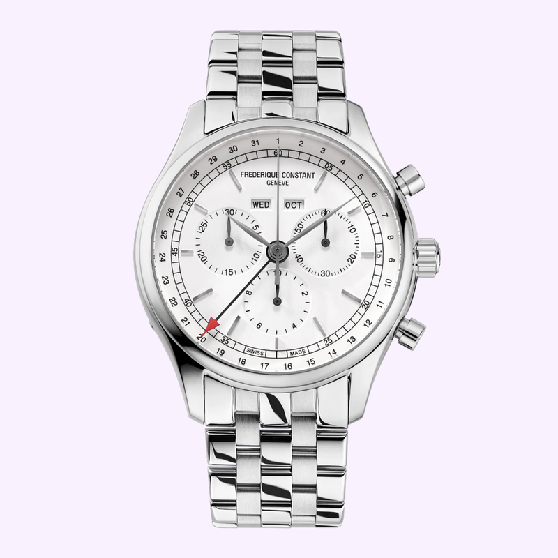 Frederique Constant Classics Quartz Chronograph Triple Calendar FC-296SW5B6B with silver dial and stainless steel bracelet