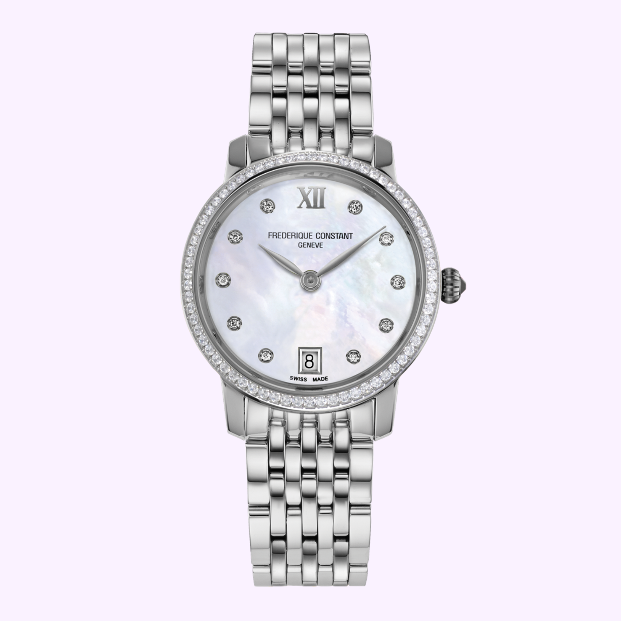 Frederique Constant Classics Slimline Ladies FC-220MPWD1SD26B, mother-of-pearl dial, diamond bezel, steel bracelet
