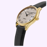Gold-tone Frederique Constant Classics Quartz Date FC-220CR5B5 watch featuring a textured silver dial with black Roman numerals and a black leather strap.