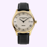 Frederique Constant FC-220CR5B5 Classics Quartz Date watch with a gold-tone case, textured silver face, black Roman numerals, a date window, and a black leather strap.