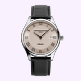 Frederique Constant Classics Quartz Date FC-220CR5B6 watch featuring a silver-tone case, textured beige dial with black Roman numerals, a date window, and a black leather strap.