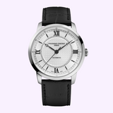 Frederique Constant Classics Premiere FC-301S3B6 watch with a silver-tone case, white textured dial, black Roman numerals, and a black leather strap.
