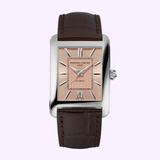 The Frederique Constant FC-303SAL4C6 is a rectangular wristwatch from the Classics Carrée collection, featuring a pink dial labeled "Frederique Constant Geneve," silver hour markers, date at 6 o'clock, silver case, and dark brown leather strap.