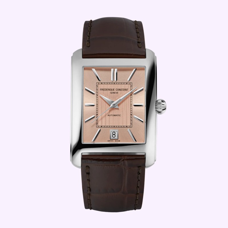 Frederique Constant Classics Carrée FC-303SAL4C6 rectangular watch with salmon guilloché dial and brown alligator-embossed leather strap