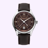Frederique Constant Watches FC-350RBR5B6 Classics Runabout wristwatch featuring a brown dial, a 24-hour GMT scale, a date window at six o’clock, and a dark brown leather strap.