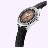 Frederique Constant FC-435BBL3S6 Classics Moneta Handwinding analog wristwatch with a silver case, black leather strap, and a brown gradient dial with a small seconds sub-dial.