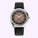 Frederique Constant FC-435BBL3S6 Classics Moneta Handwinding analog wristwatch featuring a silver case, a brown sunburst dial with a small seconds sub-dial, and a black leather strap.