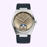 Frederique Constant Watches FC-716RG3NH6 Highlife Moonphase Date watch in stainless steel with a metallic gold dial, moon phase display, date indicator, and dark blue leather strap.