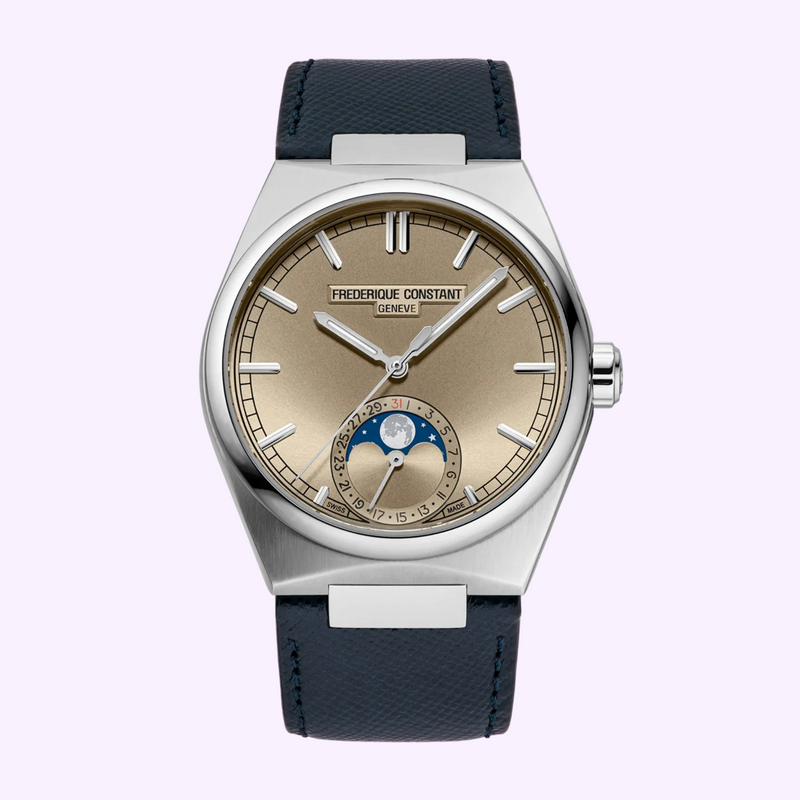 Frederique Constant Highlife Moonphase Date Manufacture FC-716RG3NH6 with rosé champagne sunray dial, moonphase and pointer date at 6 o'clock and blue Saffiano leather strap