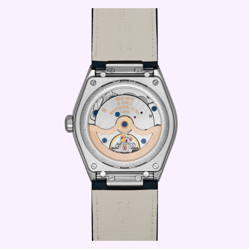 Transparent case back of the Frederique Constant FC-716RG3NH6 showing the in-house Caliber FC-716 movement and openworked gold-plated rotor