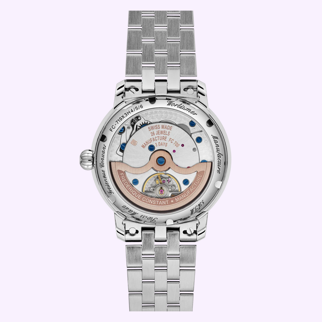 Frederique Constant Classic Worldtimer FC-719NN3H6B with navy embossed world map dial and steel bracelet, dial detail