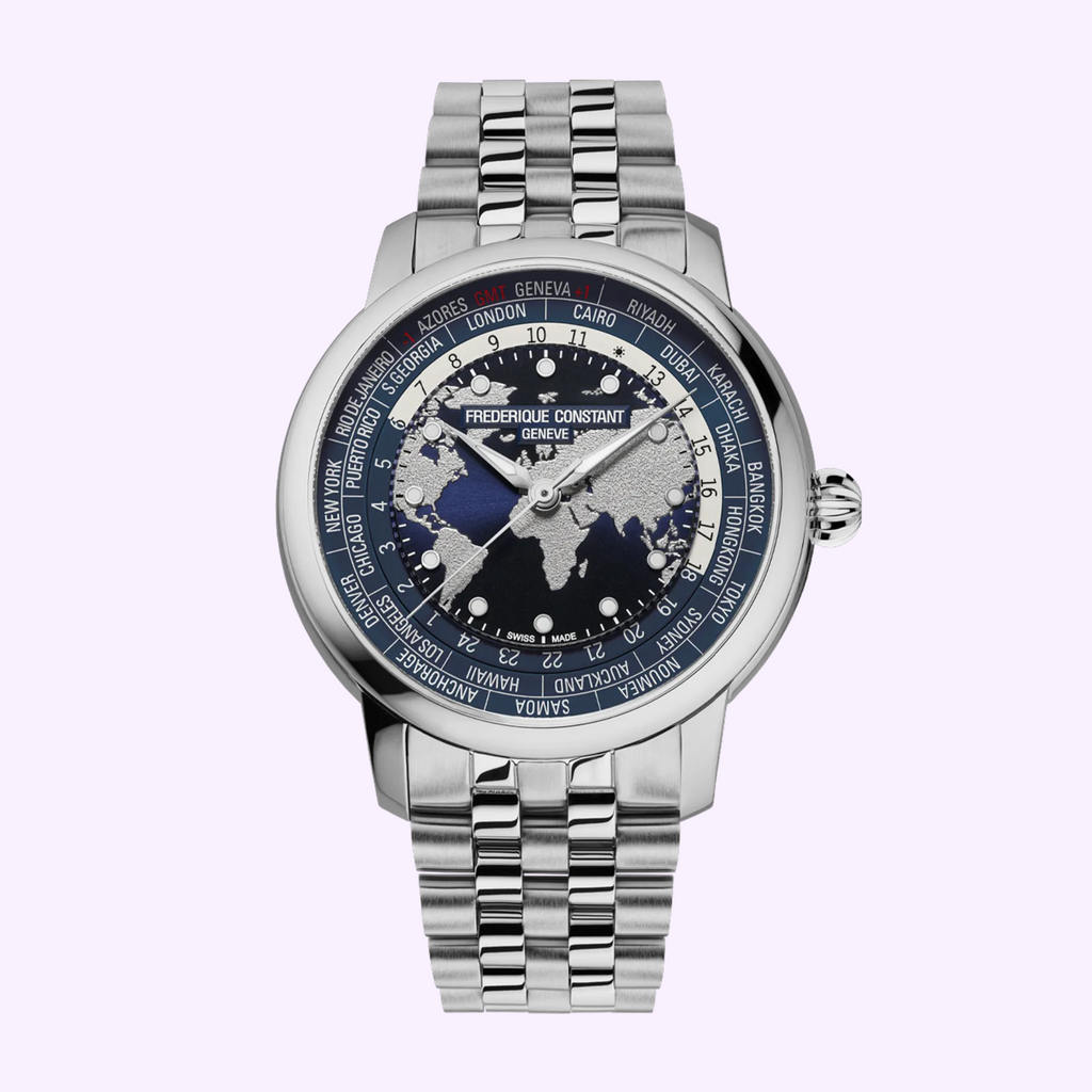Frederique Constant Classic Worldtimer FC-719NN3H6B with navy embossed world map dial and steel bracelet, front view