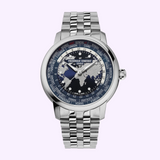 Frederique Constant FC-719NN3H6B Classic Worldtimer stainless steel watch with a blue dial featuring a silver map of the world and a city-name rotating bezel on a multi-link metal bracelet.