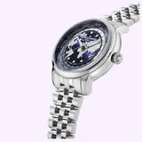 Frederique Constant Watches FC-719NN3H6B Classic Worldtimer watch with a blue dial featuring a map of the world and a silver-tone multi-link metal bracelet.