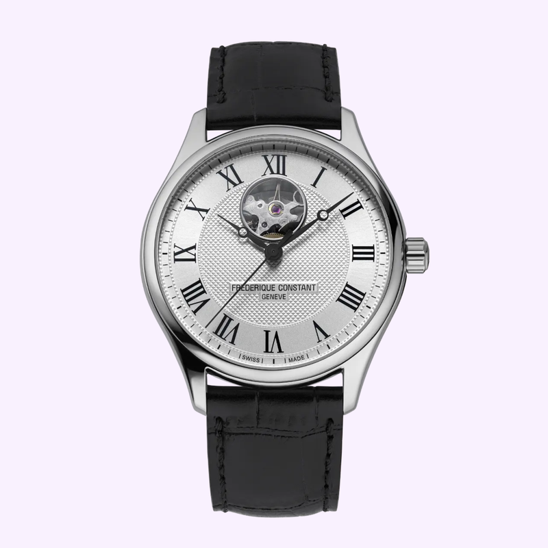 Frederique Constant Classics Heart Beat Automatic FC-310MC5B6 Swiss automatic dress watch with silver guilloché dial and black leather strap at Lexor Miami